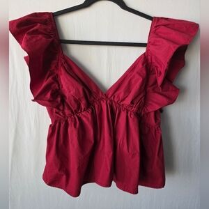 NWT Day + Moon Red Poplin Ruffle Flutter Sleeve Babydoll Tie Back Top